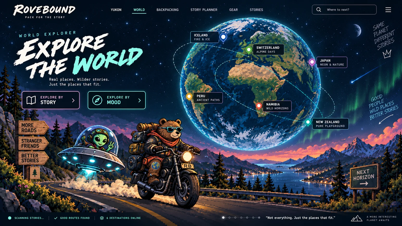 Game-style Rovebound world explorer artwork showing a bear riding a motorcycle with a classic UFO companion, a glowing globe, and curated destination signals.